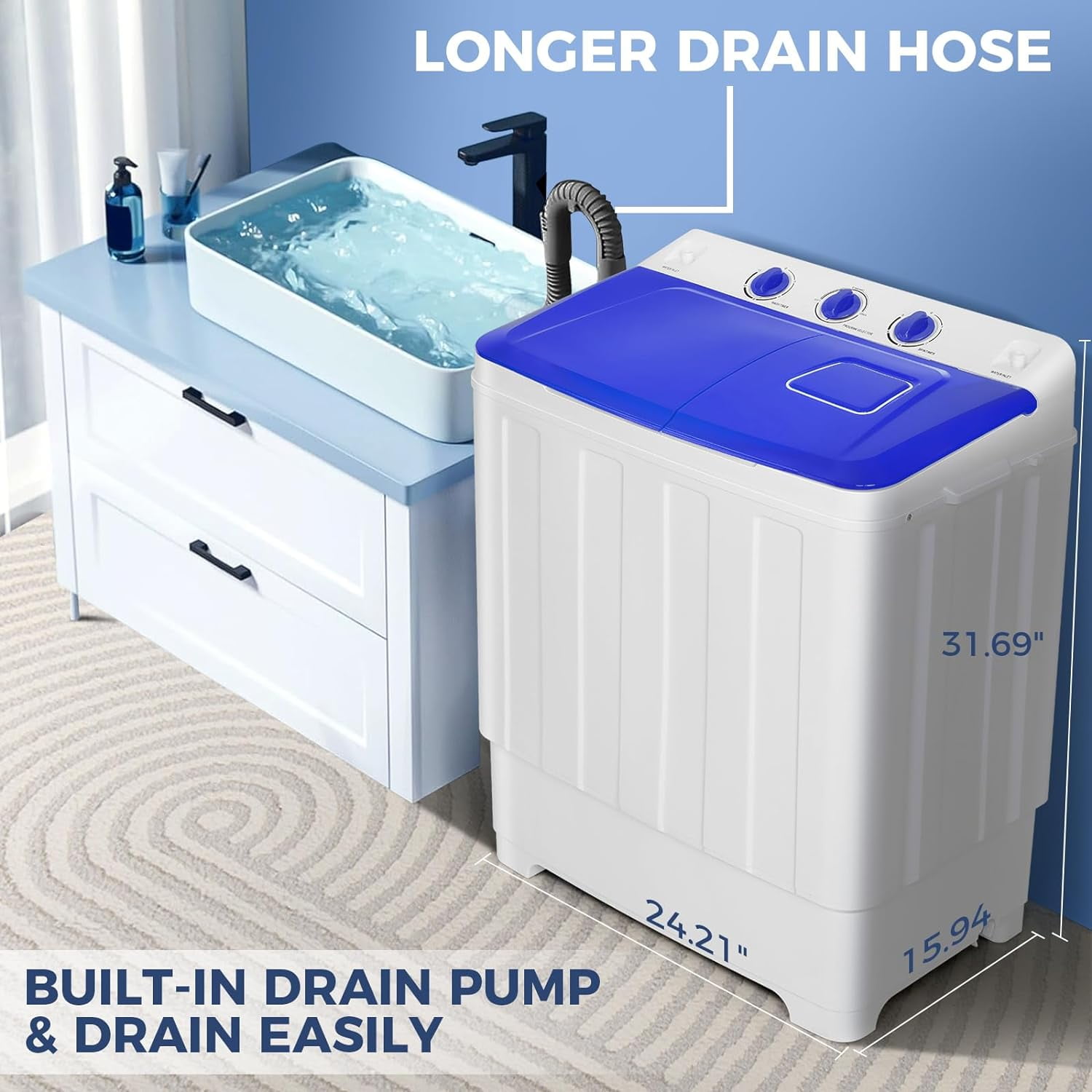 Adnoom 30lbs Washing Machine, 19lbs Washer/11lbs Spinner Combo Twin Tub Portable Washing Machine with Drain Pump, Blue&White