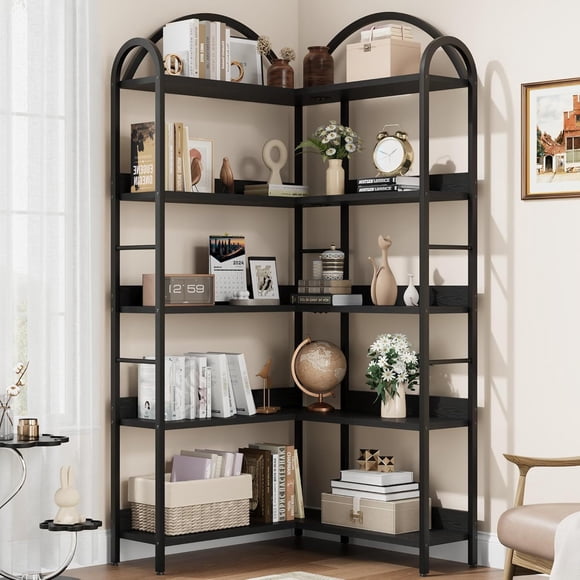 68.5-pulgada 5 niveles industrial en forma l esquina estante arched metal frame, freestanding exposición rack, wood abiertos almacenamiento estante libros sala estar, dormitorio o oficina en casa