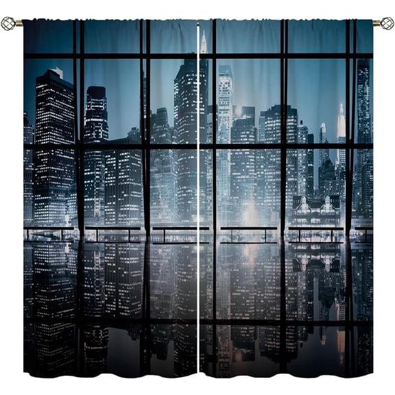 City Blackout Curtains for Home Decor,NY City Scenery at Night with Skyscrapers Buildings Rod Pocket Thermal Insulated Drapes Darkening Window Curtain for Girls Boy Bedroom Living Room 42 x 63 Inch