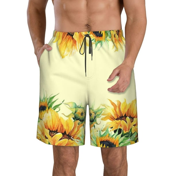 Fotbe Sunflowers On A Yellow Background Trajes de Baño Estampados para Hombre, Shorts de Verano de Secado Rápido, Ropa de Playa, Bañadores-XX-Large