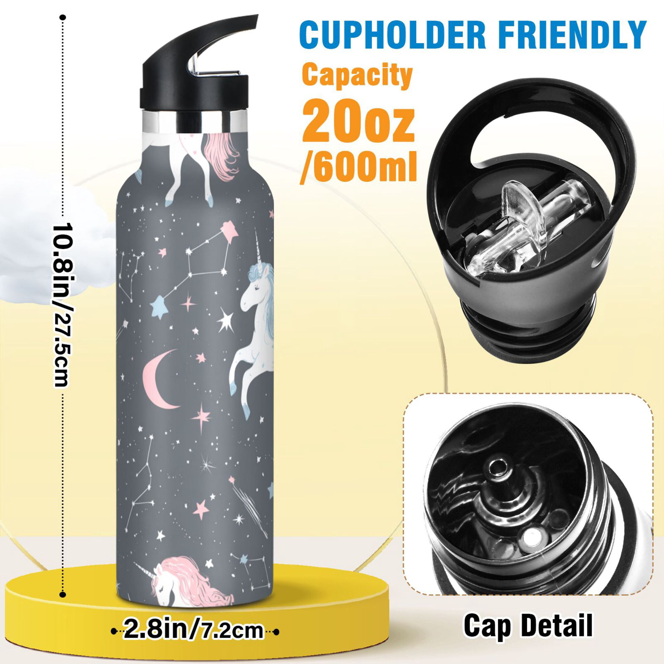 Kids Insulated Stainless Steel Sports Water Bottle 600ml (20oz) Unicorns and Stars