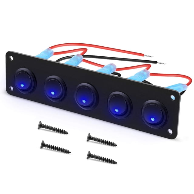 5 Gang Round Dash Rocker Toggle Switch Panel Waterproof 12-24V LED for RV Yacht Marine Car Marine Blue