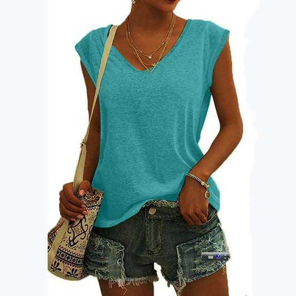 Patlollav Womens Plus Size Causal V-Neck Print Solid Blouse Sleeveless T-Shirt Summer Tops