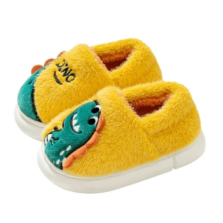 

Zlekejiko Fashion Autumn And Winter Children Slippers Boys And Girls Flat Bottom Non Slip Slip On Round Toe Plush Warm Cartoon Dinosaurs