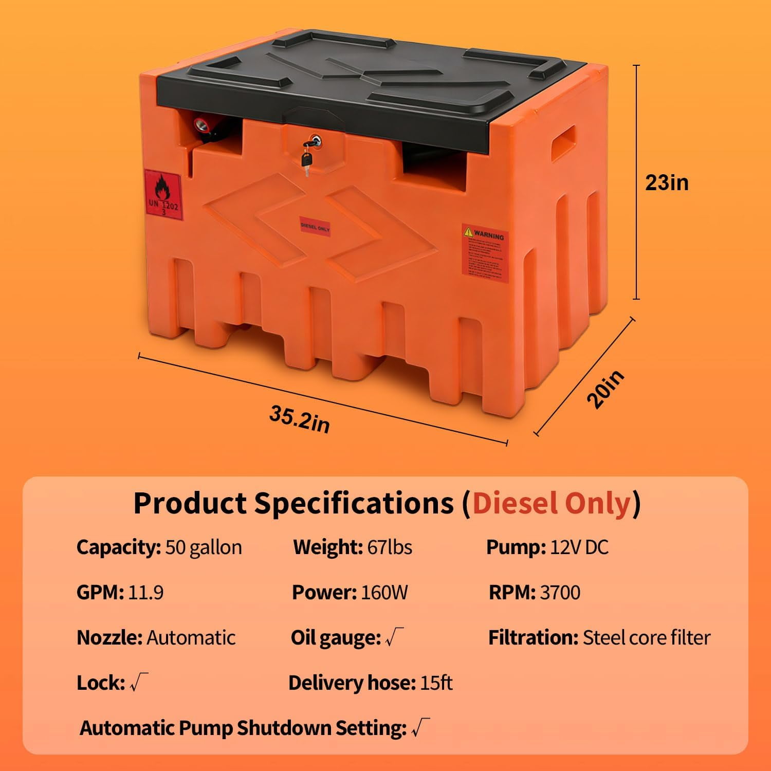 Portable 50 Gallon Diesel Fuel Transfer Tank with 12V Electric Pump, 11.9 GPM Flow Rate, 15ft Hose, Automatic Nozzle, Orange