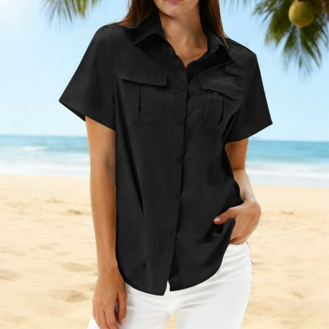 HongQid Womens Button Down Shirts Short Sleeve Collared Button Up Casual Blouses Loose Tops with Two Pocket