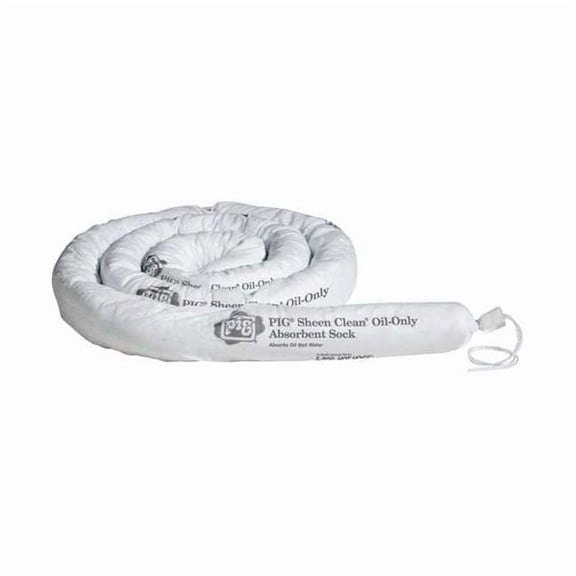 Pig Sorbent Sock, 15 gal, 3 in x 10 ft, Oil, White, 6 PK SKM601