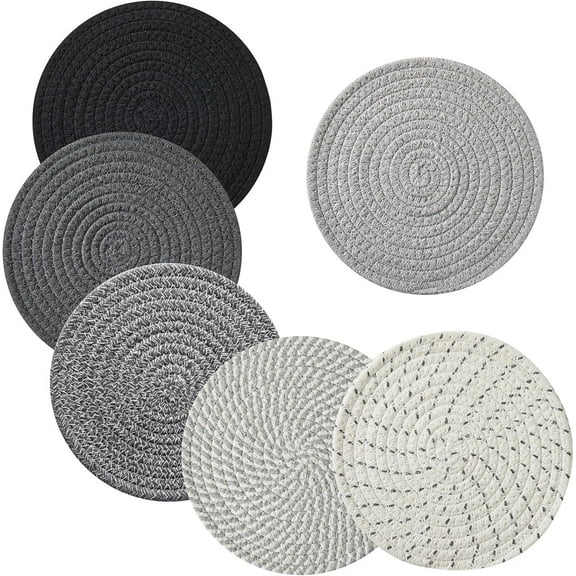 6-Pack 8" Heat Resistant Trivets - Farmhouse Style Pot Holders for Hot Dishes, Pans & Countertops (Mix-Grey, Kitchen Essentials) ﻿