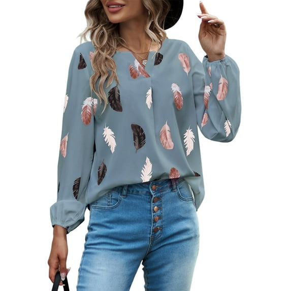 FASHIONWT Women Business Boho Long Sleeve V-Neck Blouse Hawaiian Graphic Lantern Shirts
