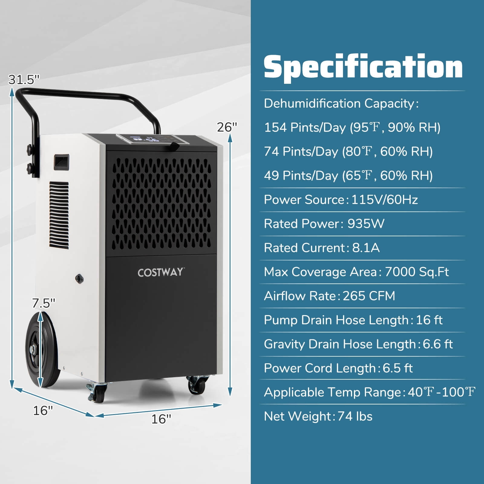 Costway 49-Pint(DOE) Commercial Dehumidifier with Pump Drain Hoses for Basements Job Sites 7,500 Sq.ft Coverage Area (MAX 154Pint at 95°F, 90%RH)