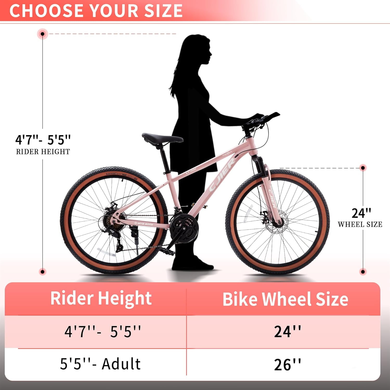 Cuoote Bicycle, 24" Mountain Bike 21-Speed with Dual Disc Brakes, Suspension Fork, Internal Cable Routing, 2.125" Tires, Ergonomic Grips