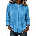 thumbnail image 2 of Nmnitkp Women's Mandarin Collar Pleated Front Button Down Shirt Cotton Linen Roll Up Long Sleeve Loose Casual Blouse for Fall Work Office Daily Wear Blue,M, 2 of 6