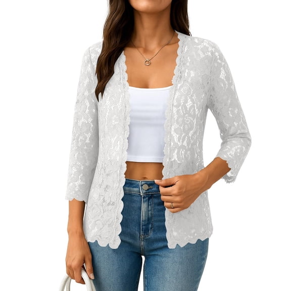 fatyb Womens Lace Cardigans 3/4 Sleeve Loose Hollow out Lightweight Summer Dressy Beach Coverup Tops