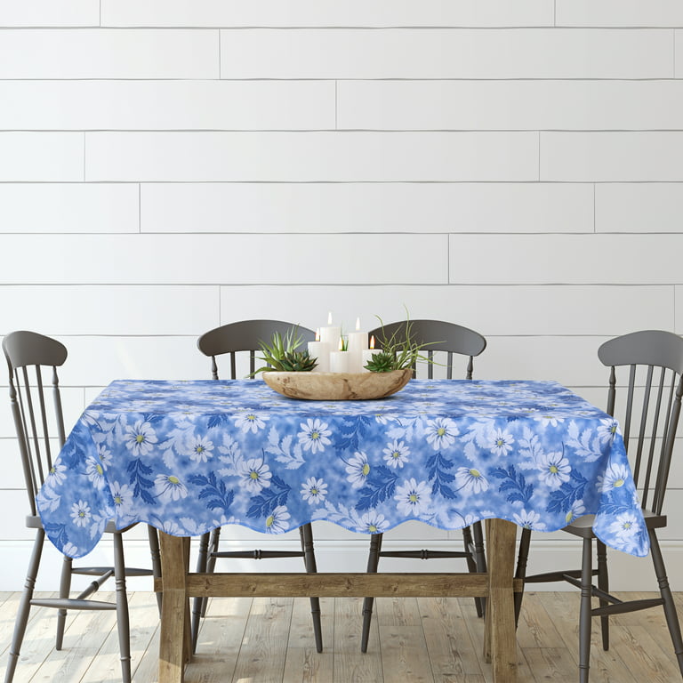 PiccoCasa Vinyl Tablecloth Rectangle 54 x 71 Blue Daisy Pattern