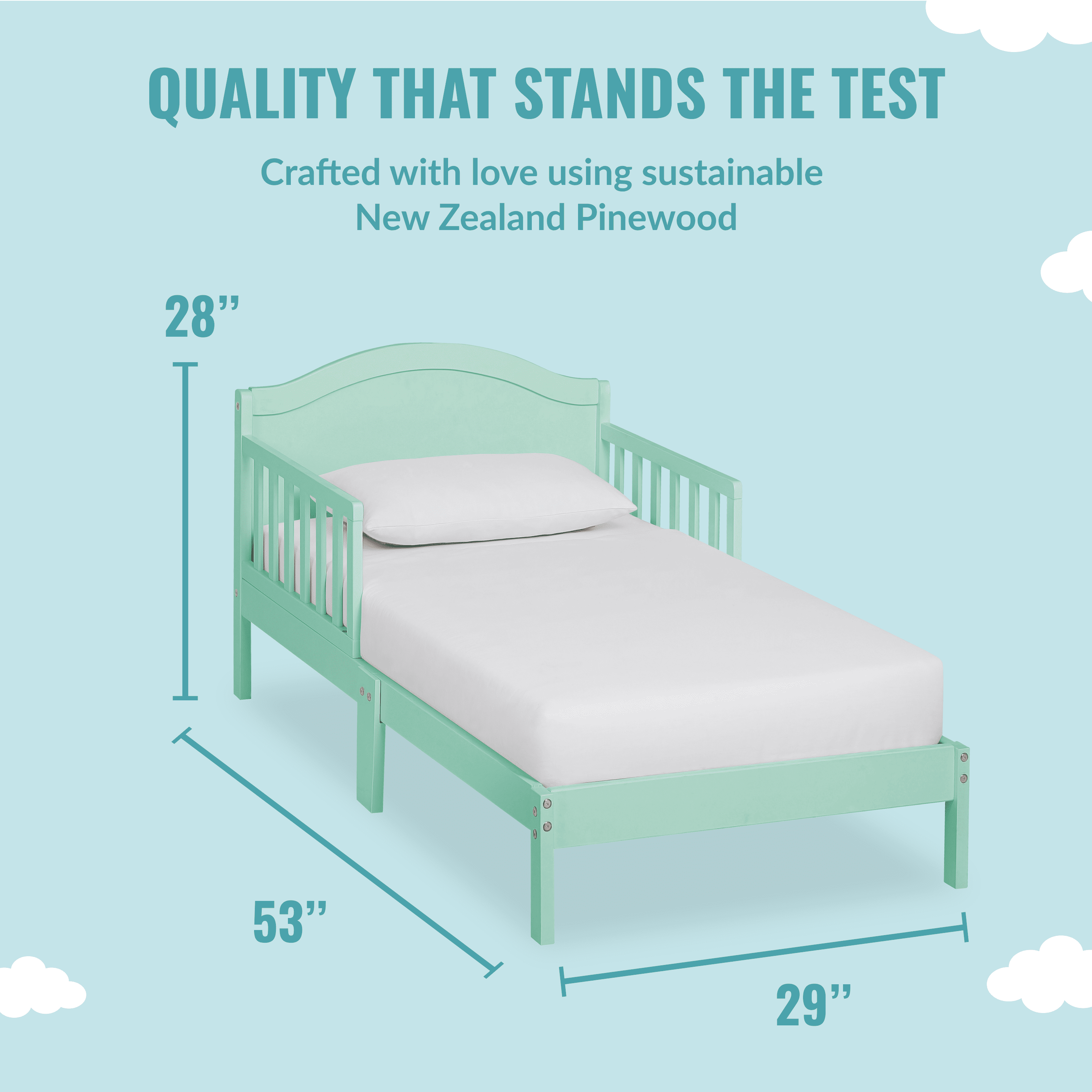 Dream On Me Sydney Kid's Twin Wooden Toddler Bed with Safety Rails, Mint Green
