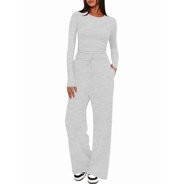 Conjuntos de 2 Piezas para Mujer, Conjuntos de Otoño, Chándales de Larga y Pierna , Conjuntos Casuales para Estar en Casa, Conjuntos A Juego. Gris M