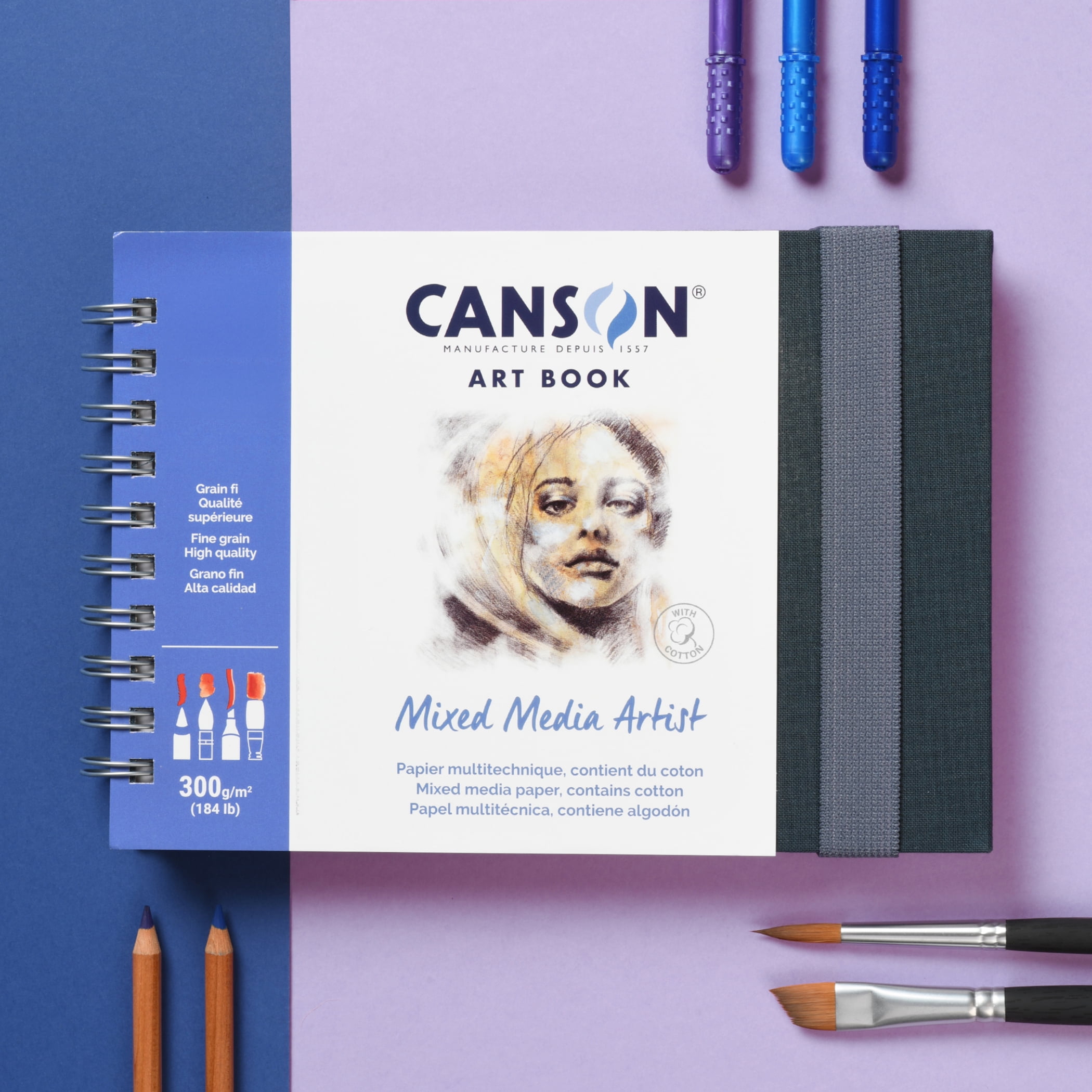 Canson Artist Series Mixed Media Art Book, Fabric Cover, Side Wire Binding, 56 Sheet, 8.3x11.7 inch