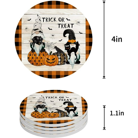 FMSHPON Halloween Gnome and Pumpkin Orange Plaid Wood Grain Set of 6 Round Coaster for Drinks, Absorbent Ceramic Stone Coasters Cup Mat with Cork Base for Home Kitchen Room Coffee Table Bar Decor