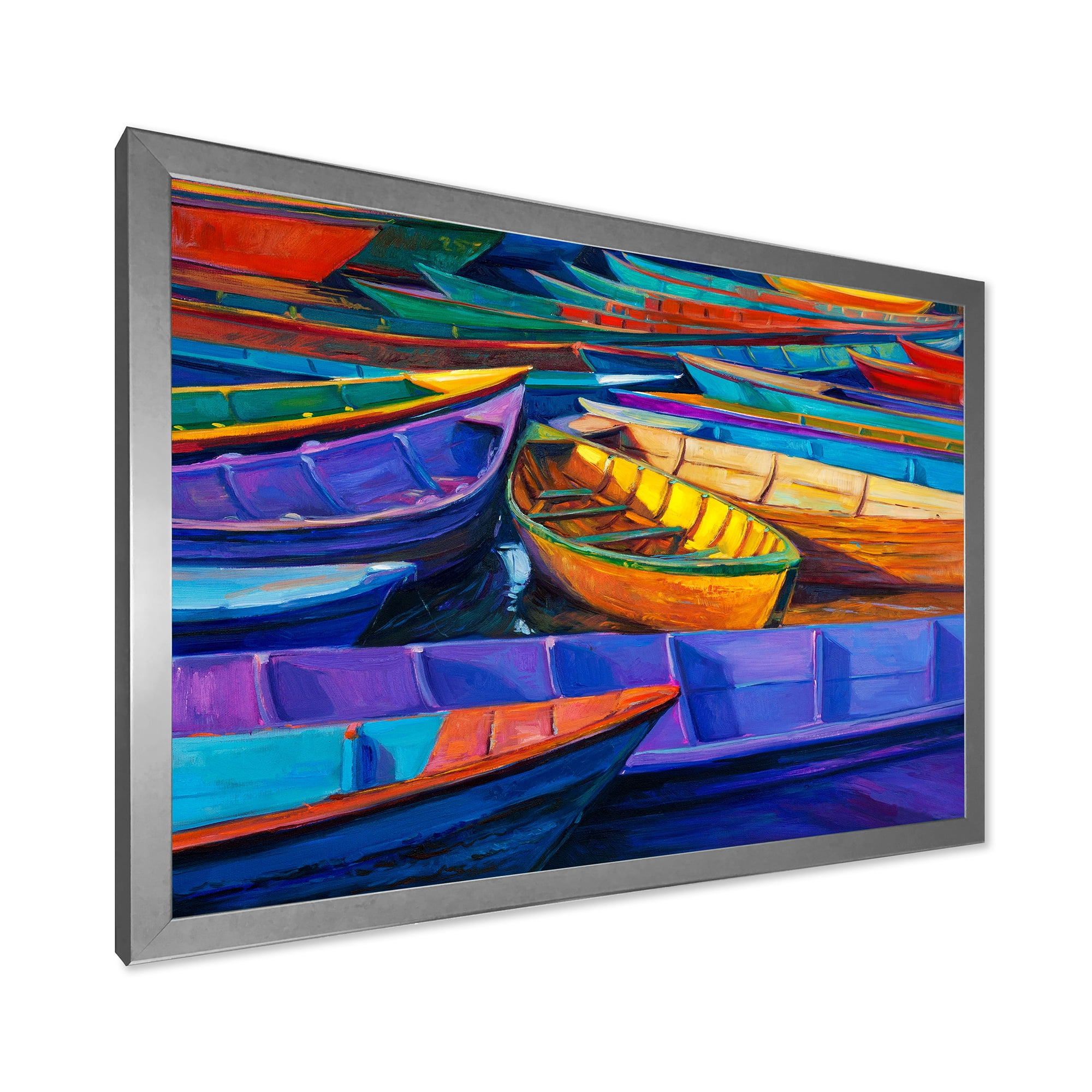 Boats During Warm Sunset Resting On The Water II 32 in x 24 in Framed Painting Canvas Art Print, by Designart
