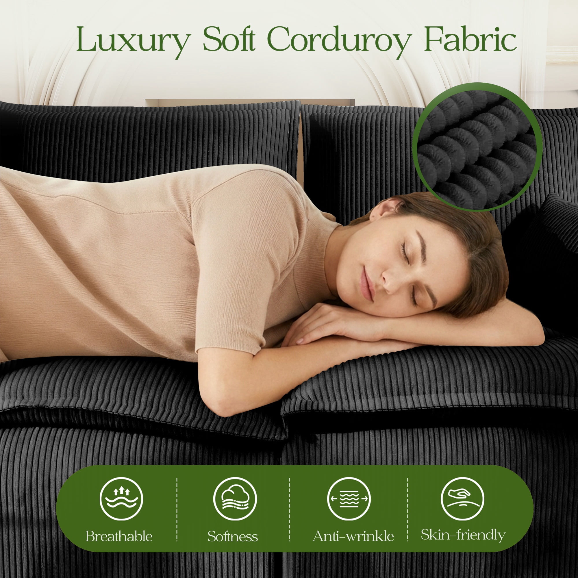 107" L-Shape Modular Sectional Sofa Corduroy Cloud Couch with Ottoman Compressed Foam for Living Room, No Assembly Required Black