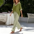 thumbnail image 7 of Maqroz Women 2 Piece Outfits Sets Summer Striped Print Short Sleeve V Neck Top and Striped Pants Set Elastic Waist Pockets Casual Vacation Sets Green M, 7 of 7