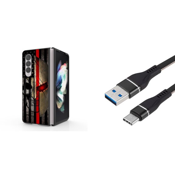 Accessory Bundle for Galaxy Z Fold 4: Slim Snap-On Case (American Spartan), Nylon Braided USB-C to USB-A Cable (3 Feet)