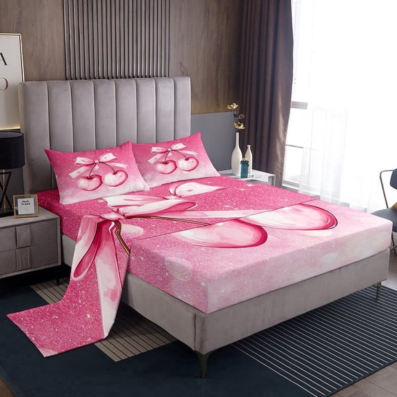 Pink Cherry Bowknot Sheet King Size,Bow Tie Girly Princess Bedding Set,Women Room Decor,Glitter Starry Sky Gradient Sweet Dreamy Bed Sheet Set 4pcs(Fitted Flat 2 Pillowcases)