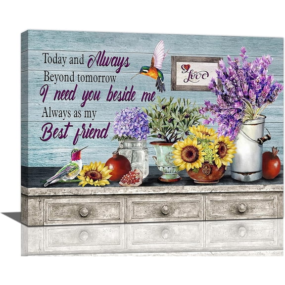 Farmhouse Lavender Wall Art Kitchen Rustic Sunflower Hummingbird Pictures Wall Decor Inspirational Quotes Canvas Painting Print Artwork Home Decor Framed for Living room Bedroom Bathroom 16"×12"