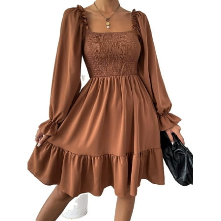 

Women s Square Neck Long Flounce Sleeve Ruffle Hem Short Dress L(8/10)