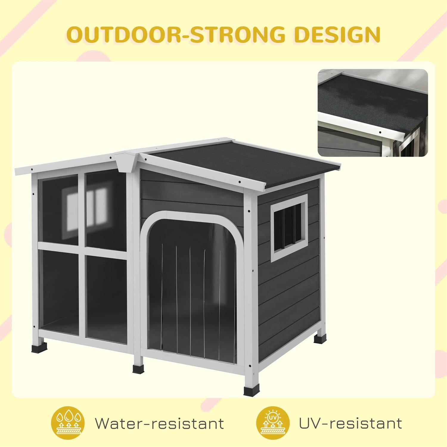 Pefilos 42" Outdoor Cabin Style Dog House with Openable Roof & Giant Window, Wooden Dog Kennel Weatherproof for Small to Large Dogs, Gray