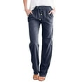 thumbnail image 1 of YFELWZ Womens Plus Size Loose Drawstring Button Casual Wide Leg Long Pants Solid Color Linen Trousers Navy M, 1 of 4