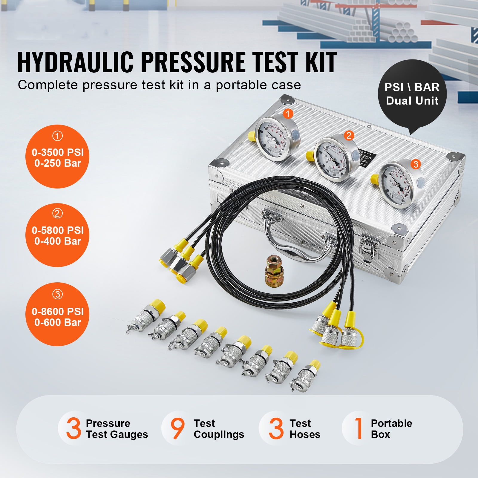 SKYSHALO Hydraulic Gauge Test Kit, 250/400/600bar Range, Includes 3 Gauges, 9 Couplings, 3 Hoses, and Carrying Case for Testing Excavator, Tractor, and Construction Equipment Hydraulics