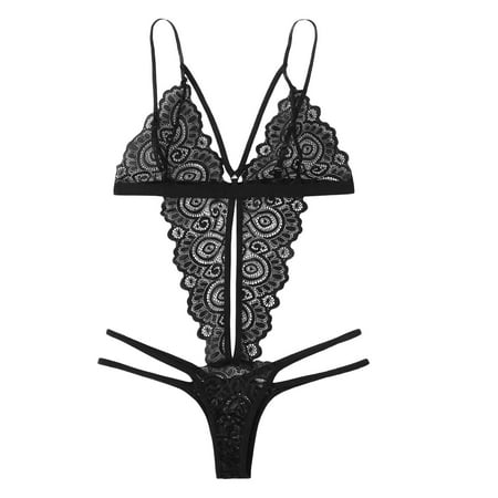 adviicd Lingerie Robe Women One Piece Lingerie Lace Bodysuit Deep V Teddy Black S