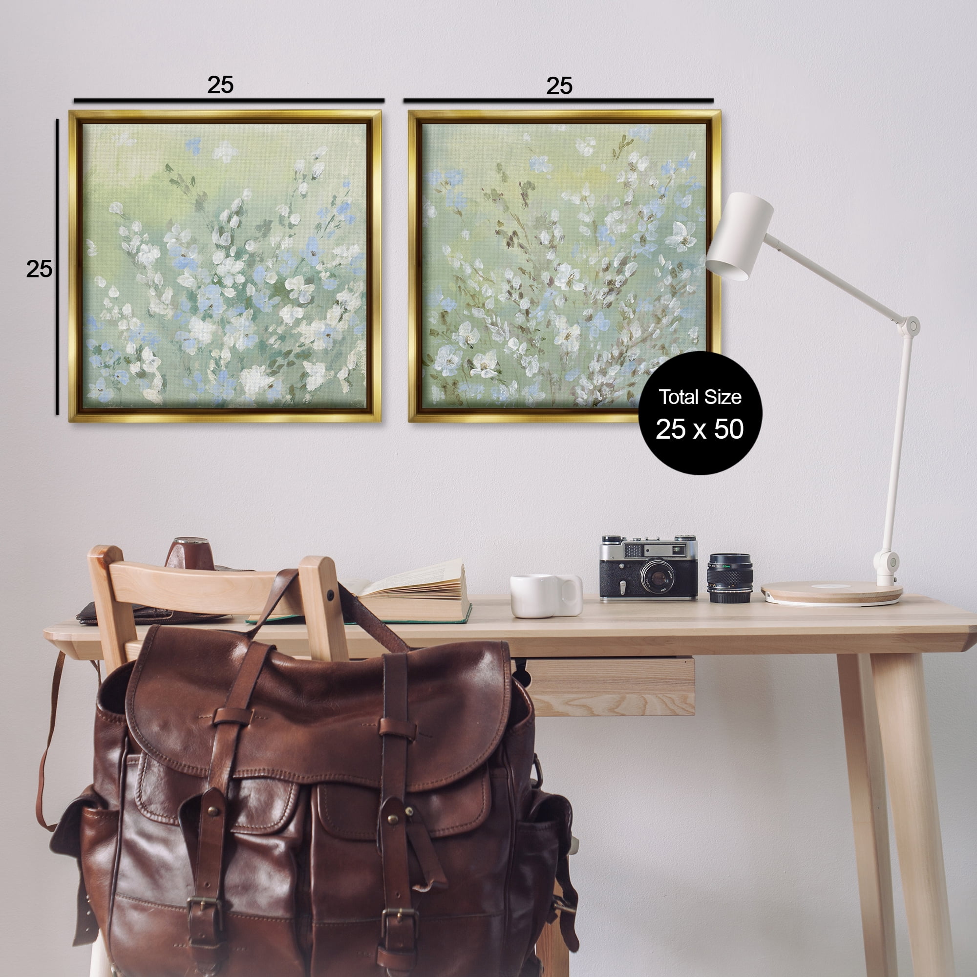 Stupell Industries Wispy Willows Blooms Floral & Botanical Painting Gold Floater Framed Canvas Art Print Wall Art, 25 x 25, Set of 2