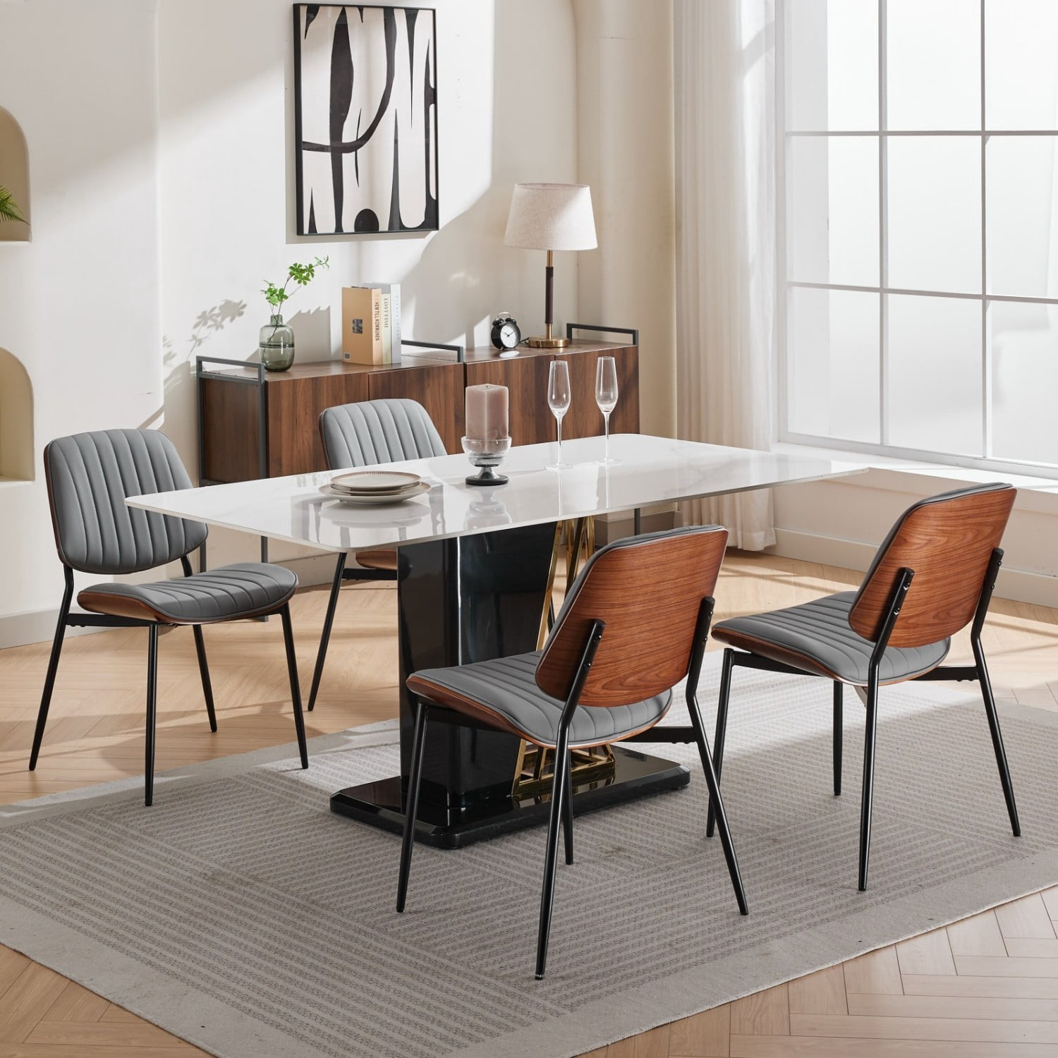 Dining Chairs Set of 2 Mid Century Modern Retro Faux Leather Chairs with Walnut Bentwood Back Upholstered Seat Metal Legs Adjustable Foot Pads Kitchen Dining Room Chairs, Gray