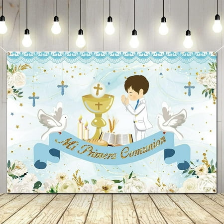 First Communion Decorations First Communion Backdrop Baptism God Bless Banner Blue Floral Mi Primeria Communion Photo Backdrop for Boys Christening Baby Shower Confirmation Decorations