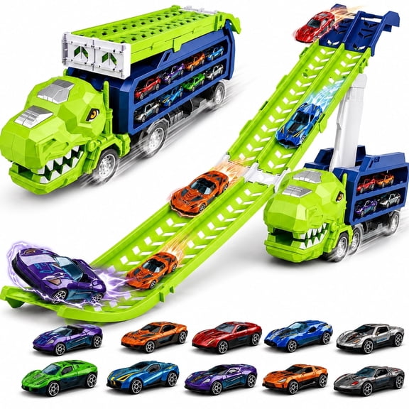 JoyStone Dinosaur Carrier Truck Toy with 10 Die-Cast Cars, Foldable 2 Layer Car Race Track Playset with Car Ramps, Storage Hauler Vehicle for Kids Ages 3-7 Boys Gift, Green