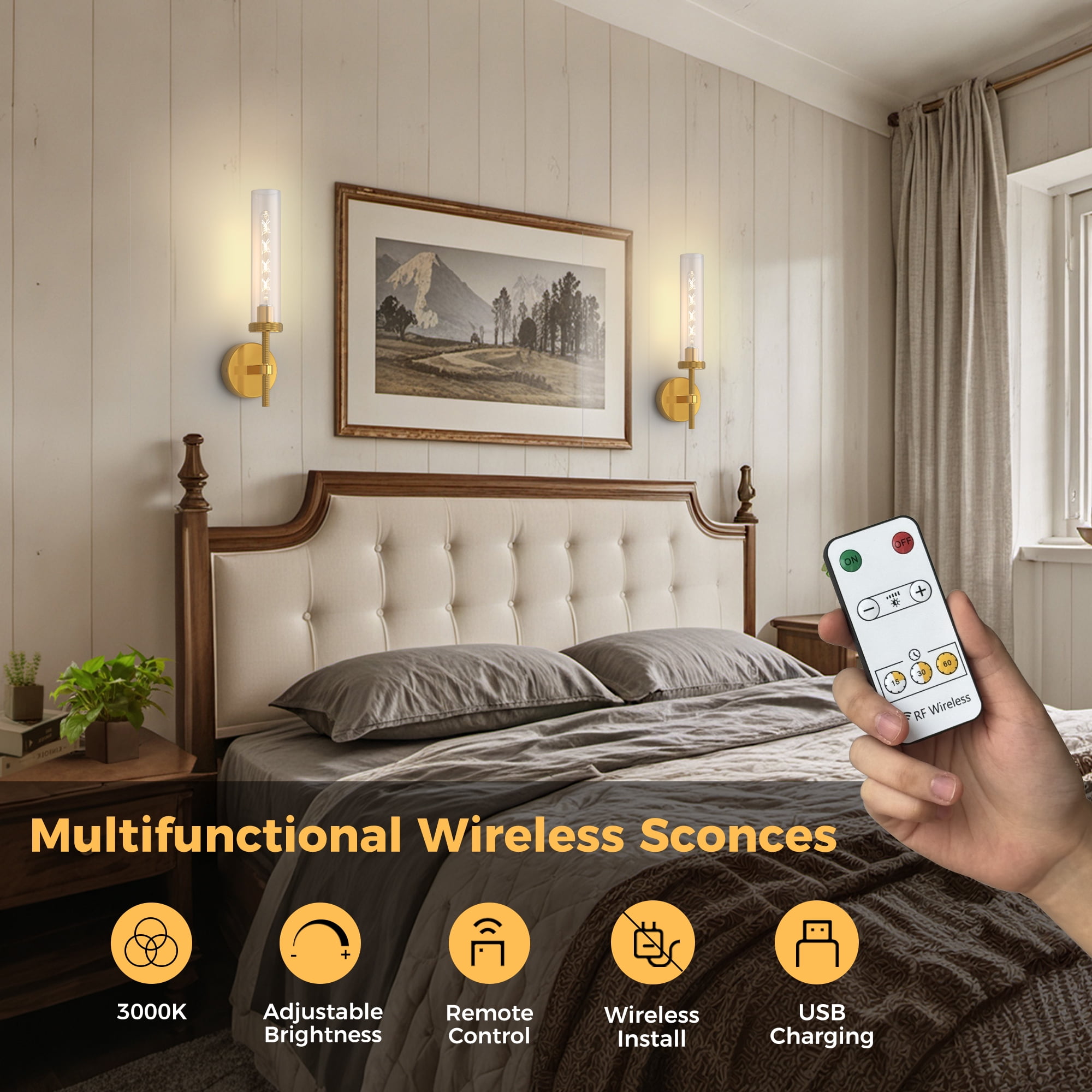 YANSUN 2.7 in 1-Light Brass Wall Sconces, Dimmable 360° Lighting Decorative Wall Lamps for Bedroom Living Room, Hallway(2-Pack)