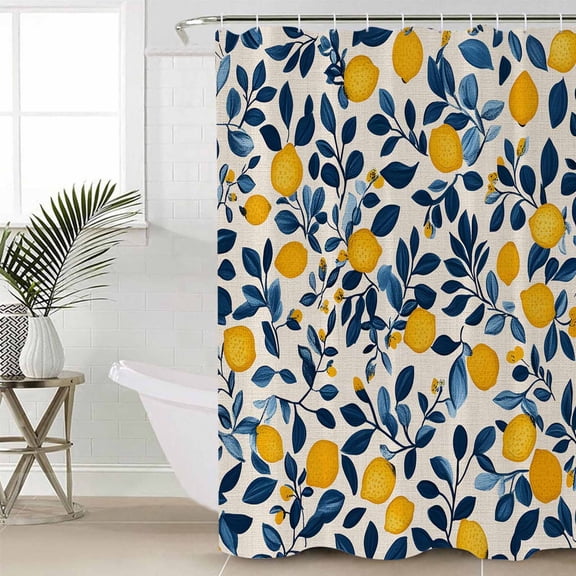 Lemon Summer Waterproof Fabric Shower Curtain, Spring Pastoral Watercolor Fruit Leaf Shower Curtain for Bathroom Curtains Bathtubs Hotel Washable Shower Curtains with 12 Hooks Stall 54x78in