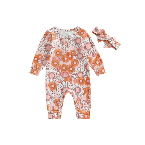 Bagilaanoe Newborn Baby Girl Jumpsuit Floral Long Sleeve Bodysuit + Headband 3M 6M 12M 18M Infant Casual One Piece Romper
