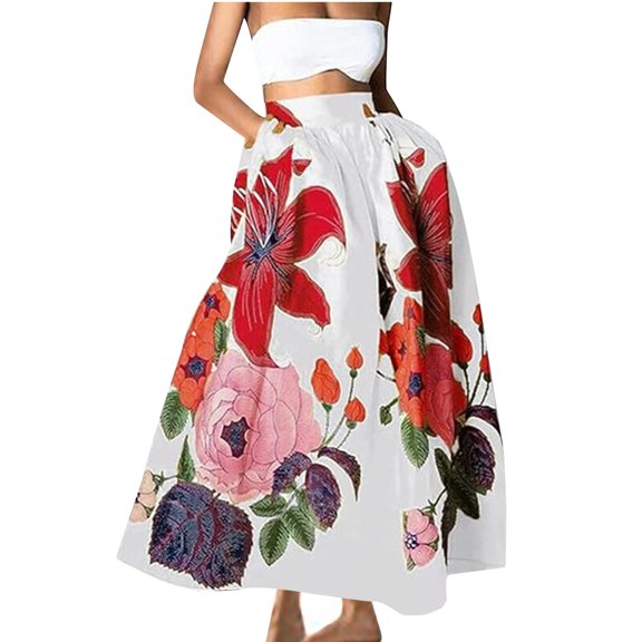 Njagoc3 Womens High-Waisted Vibrant Floral Print Maxi Skirt with Bold Patterns for Wedding Guests & Formal Parties