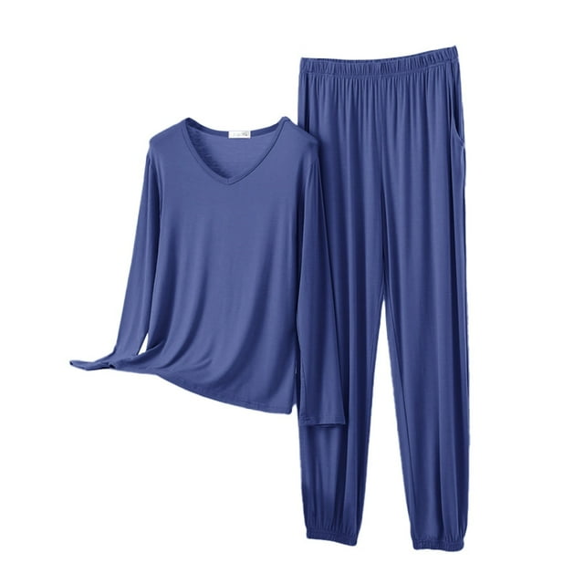 Women Pajama Sets V Neck Long Sleeved Plus Size Home Suit Set For Women Thin Design Solid Color Long Sleeved Pants Two Piece Set Woman Blending Pajamas
