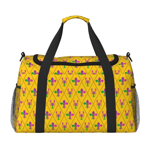 Balery Mardi Gras Crayfish and Fleur de lis Bolsa de Gimnasio para Mujeres, Bolsa de Viaje con Bolsillo Húmedo, Bolsa de Fin de Semana para Mujeres, Bolsa de Viaje Resistente al Agua