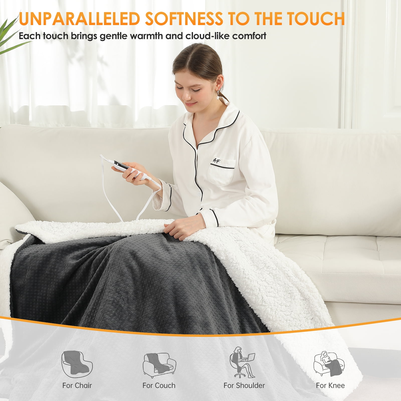 TRUSTWARMTH Electric Heated Blanket Throw - 50" x 60" Fast Heating Blanket with 6 Heating Levels & 4 Hours Auto off, Soft Sherpa & Waffle Pattern,Dark Gray