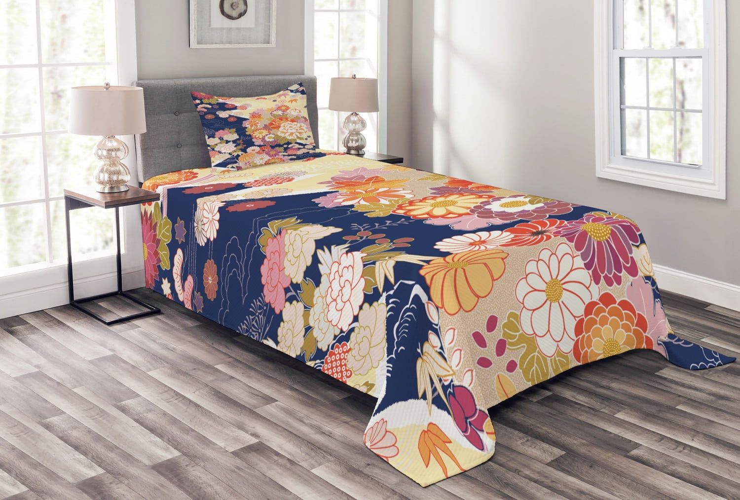 Japanese Bedspread Set Twin Size, Traditional Kimono Motifs Composition