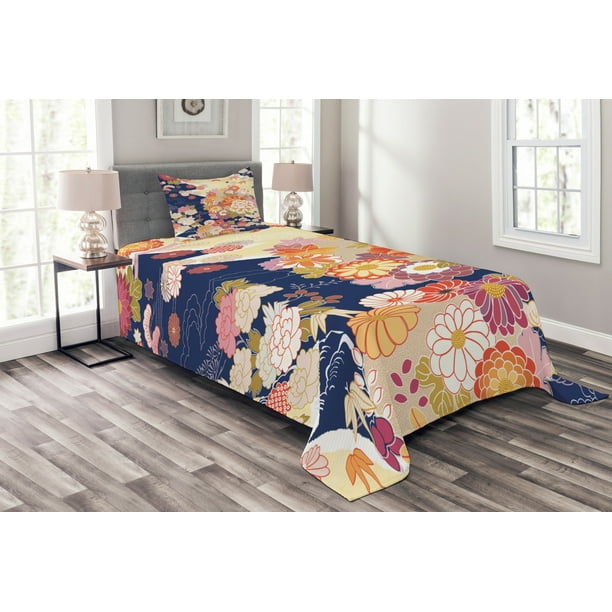 Japanese Bedspread Set, Traditional Kimono Motifs Composition Asian