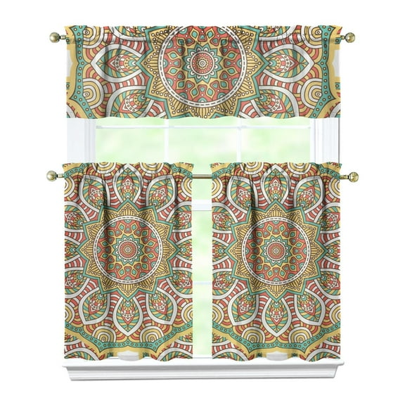 3 Pcs Kitchen Curtains Set - Mandala Ethnic Tribal Boho Valance & Tier Curtains, 54x18 2x27.5x36 Inch, Semi-Sheer Rod Pocket Window Treatments