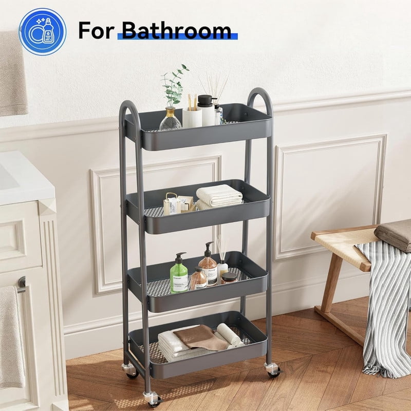 Kelno 4 Tier Rolling Cart Metal Utility Storage Cart Mobile Storage Organizer with Lockable Wheels, Gray