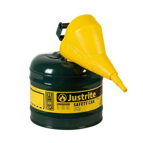 Justrite 7120410 Type I Steel Safety Can for Oil, with Funnel, 2 gallon, Green - #7120410