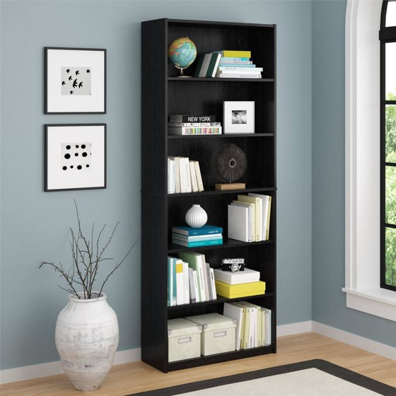 Mainstays 6 Shelf Bookcase, Black Ebony Ash